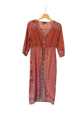 Aly Daly Women's MED Floral Flare Sleeve Maxi Dress Boho Festival Button Pockets